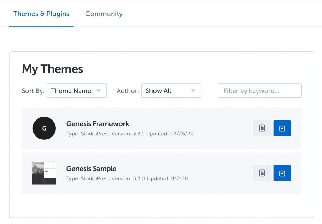 StudioPress account showing Genesis Framework