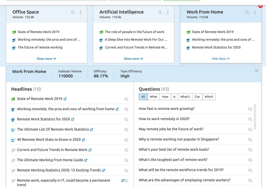 View details of the cards inside the Topic Research tool