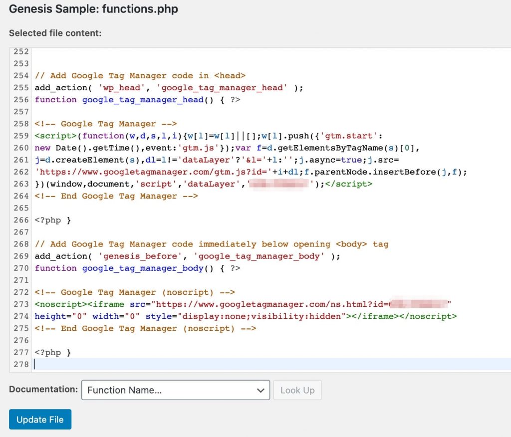 How the functions.php file looks like after installing GTM