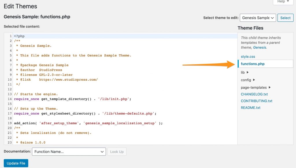 Find the functions.php file in WordPress