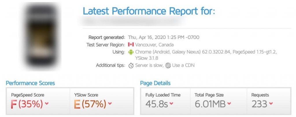 Sample GTMetrix Mobile Speed Test