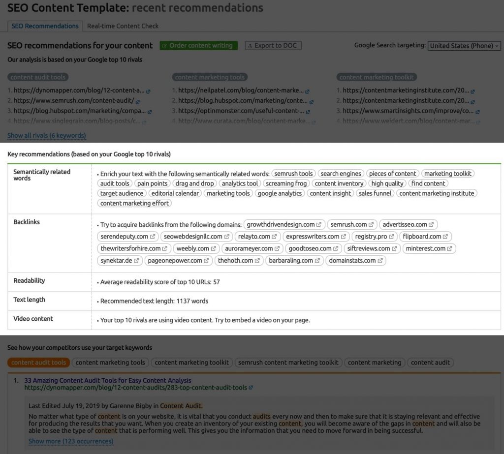 Key recommendations in the SEO Content Template including semantically-related keywords and backlinks