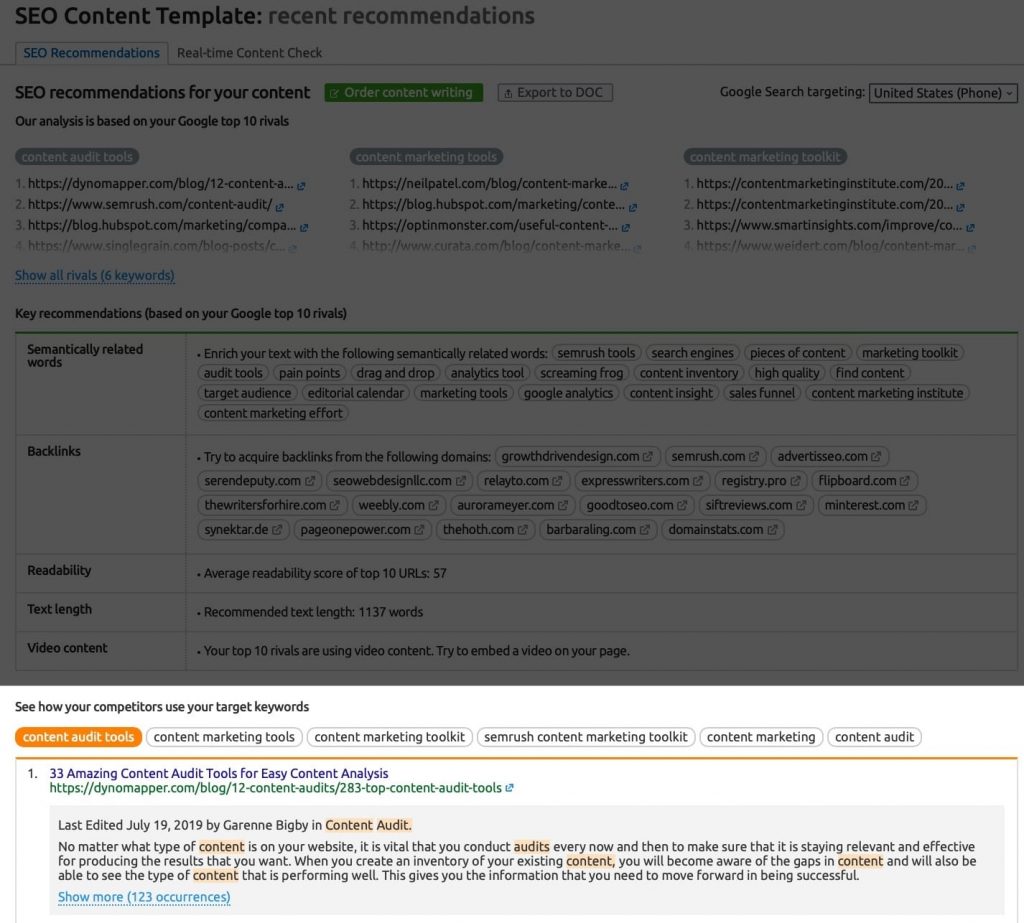 How the keywords are used by competitors in the SEO Content Template